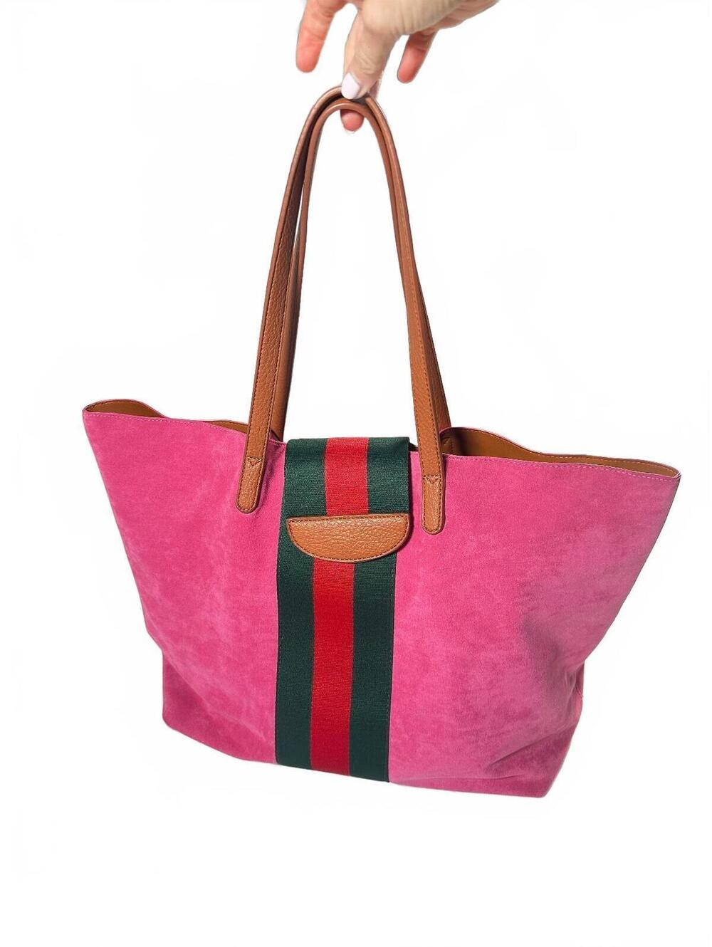 Shiraleah Pink Suede Tote Bag Green Red Stripe Brown Shoulder Bag